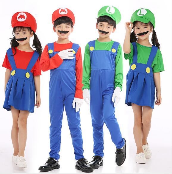Children Mario Bros Cosplay Costume Plumber Fancy Dress Mario Luigi Kids Halloween Party costumes free shipping