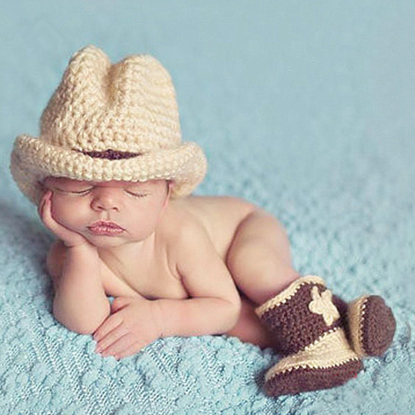 Baby costume photography cotton knitting west cowboy cap newborn photography props baby boots