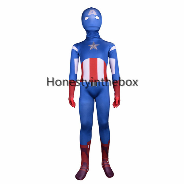 Brand New Blue Lycra Spandex Full Body Zentai Suit Superhero Children Captain America Bodysuit Costume For Halloween