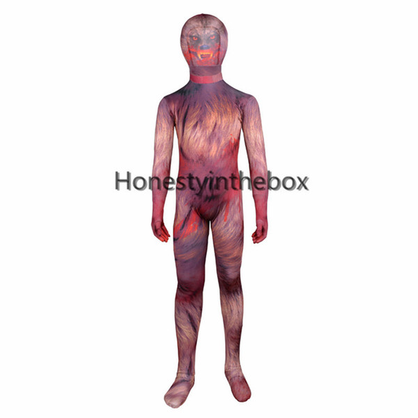 Hot Sale 2017 Kids Werewolf Multicolour Lycra Spandex Full Body Zentai Suit Superhero Werewolf Cosplay Costume For Halloween