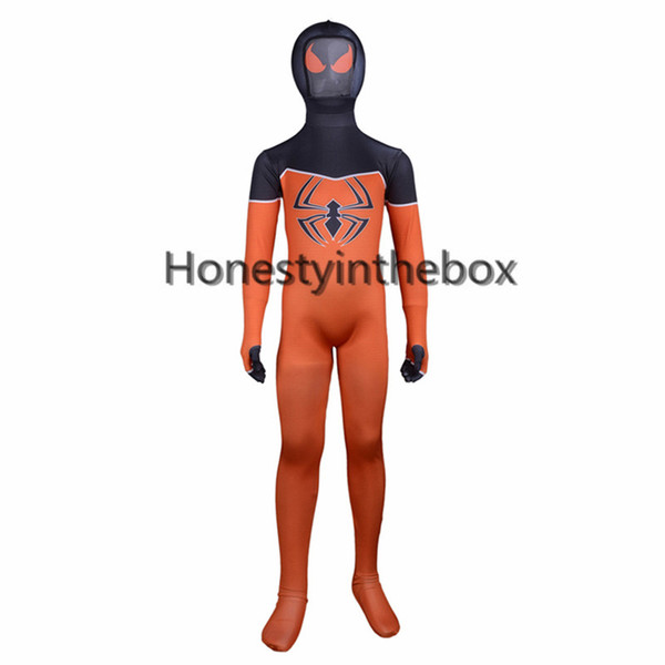 Children Orange And Black Lycra Spandex Full Body Catsuit Superhero Spider-man Cosplay Costume For Halloween