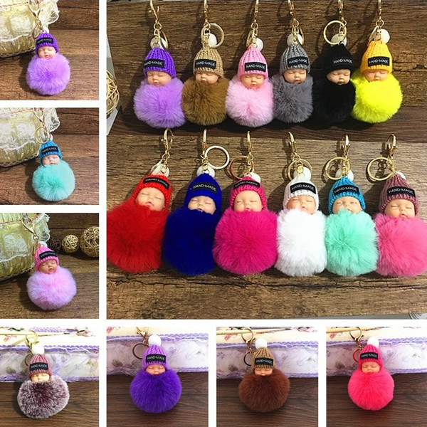 29 Colors Cute Sleeping Baby Doll Keychain Pompom Rabbit Fur Ball Keyring Women Bag Pendant kids Cartoon Accessories T6C081