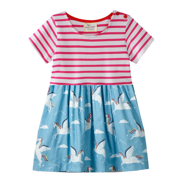 Summer Short Sleeve Unicorn Print Stripe Dresses Round neck cotton casual princess party dress children costumes kids clothing 2-7 years old