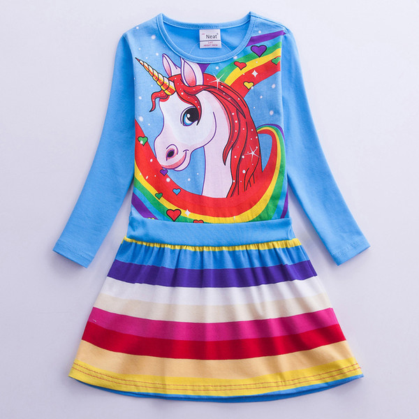 Girls Unicorn Dress Costume 2019 Long sleeve Children Cotton Cartoon Rainbow Unicorn Dress Baby Girls Casual Dresses For Kids Clothes