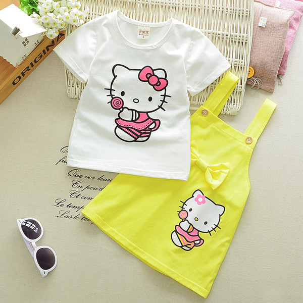 Toddler girl cartoon dress set Summer Short Sleeve Hello Kitty Print T-Shirt + Strap Skirt 2 piece children party clothes kids princess set