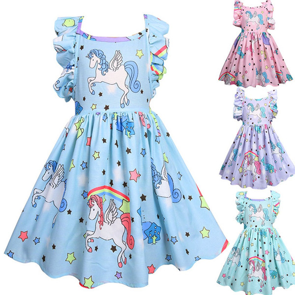 Ins cartoon dresses for girls summer Unicorn Party Princess Dress Ruffle sleeve tutu dress Halloween children costumes clothes kids clothing