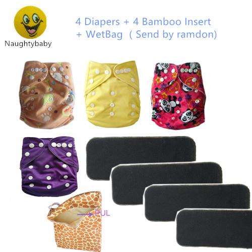 Wholesale -4 Diapers +4 Inserts Baby Diapers Baby Cloth Diapers Wet Bag gift Suppliers Baby Diapering all in one size