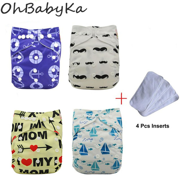 OhBabyKa Waterproof PUL Baby Suede Cloth Diaper Nappy Covers Reusable Baby Diapers Pack 4 Pocket Diapers +4 Microfiber Insert