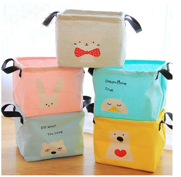 Cartoon Folding Storage Baskets Home Laundry Basket Cotton Linen Storage Holder Children Toy Container Desktop Cosmetic Makeup Organizer