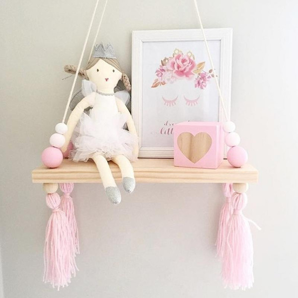 Ins Nordic Style Solid Wood Macarons Wooden Bead Plywood Shelf Children Room Dolls Storage Display Rack Bedroom Wall Decorative Q190531