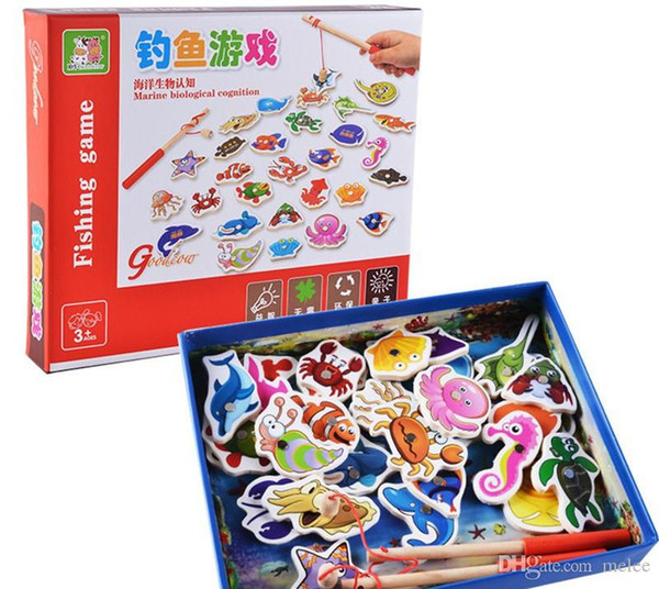 32 piece Baby Wooden magnetic fishing game puzzle toys kids infant funny Puzzles Toy children birthday Gift toy set with colorful box