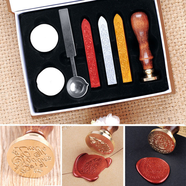 Wax Seal Set Retro Wooden Handle Letter Stamp Kit Vintage Retro Letter Envolop Set with Gold Red Silver Sticks Free Shipping