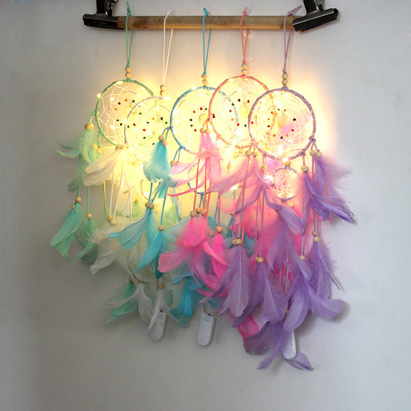 Lighting Dream catcher hanging DIY 56cm LED lamp Feather Crafts Wind Chimes Girl Bedroom Romantic Hanging decoration gift