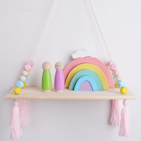 C Nordic Children Room Decorative Wall Shelves Wood Wall Clapboard With Tassel Beads Ins Kids Decoration Party Decor Gifts J190521