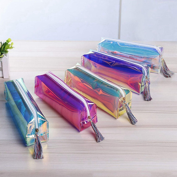 Laser fashion transparent PVC pencil bag portable large capacity student stationery pencil box 6 colors offer choose