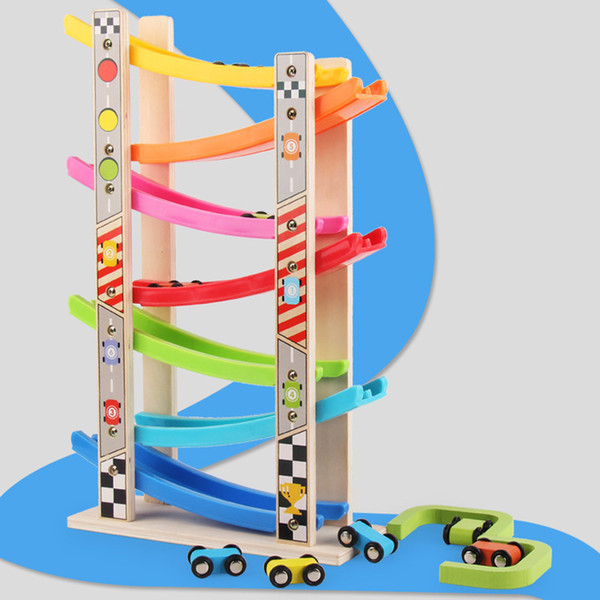 Wooden 7-layer Ramp Race Track & 8 Mini Inertia Car Sliding Toy Vehicel&train Baby Toddler Motor Skill Developmental Kids Gift J190521