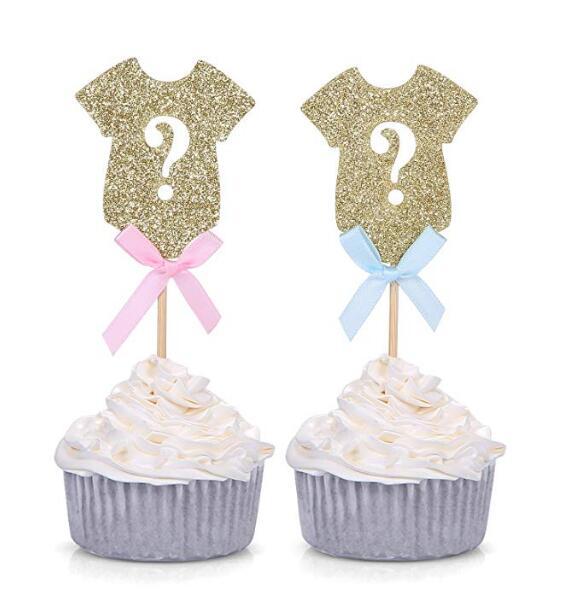 30PCS Gender Reveal Party Decors Gold Onesie Question Mark Cupcake Toppers