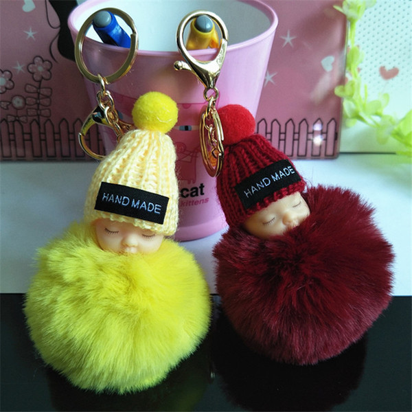 Cute Sleeping Baby Doll Keychain Pompom Rabbit Fur Ball toy Key Chain Car Keyring Key Holder Pendant for students schoolbag holiday gift hot