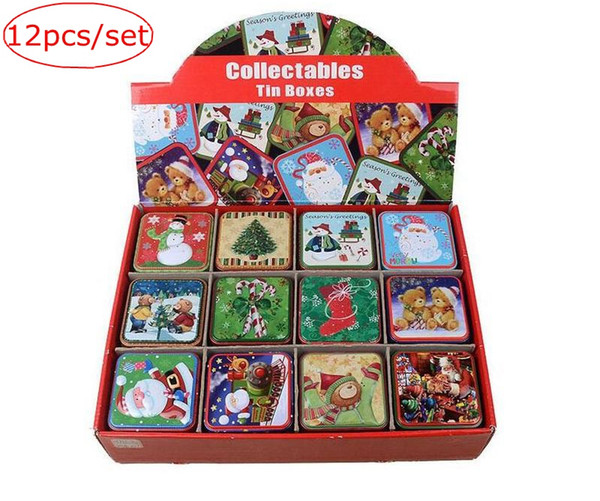retail xmas 12pcs/set Fashion Santa Claus Tin Box Christmas Tinplate Candy Boxes Tea Caddy Cookie Sundries Storage Case free ship with box