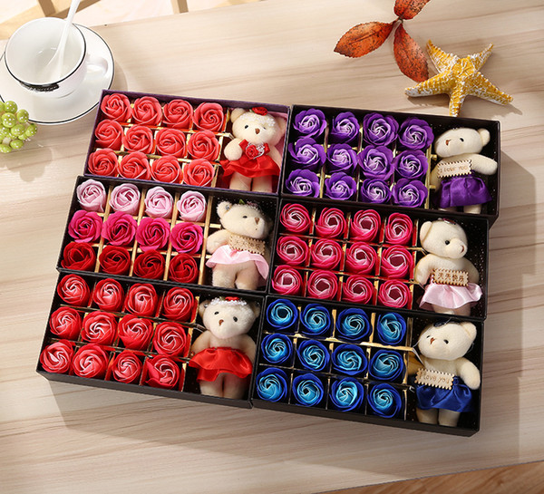 20pcs Romantic Rose Soap Flower With Little Cute Bear Doll 12pcs Box Gift For Valentine Day Gift for Wedding Gift or birthday Gifts