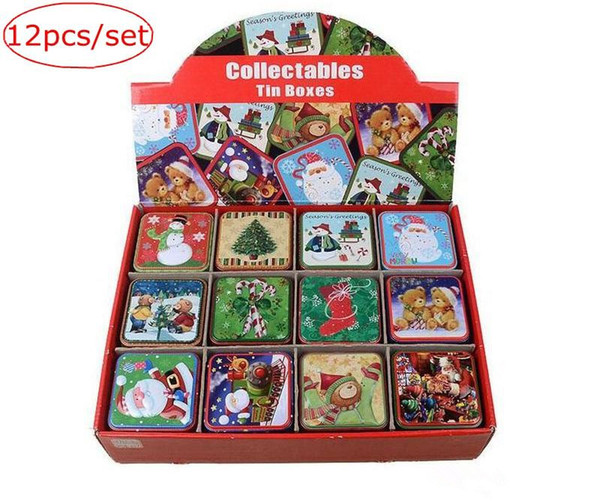 12pcs/set Xmas Tin Box Christmas Tinplate Candy Boxes Santa Claus Tea Caddy Cookie Sundries Storage Case