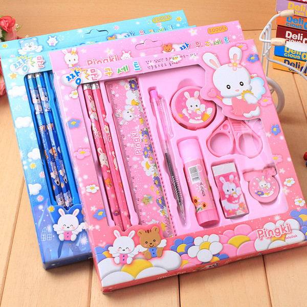 High quality Cartoon Student School Stationery Suppliers Set Pencils+Ball-point Pen+Pencil Sharpener+Scissors+Rubber+Glue+Ruler For Boy Girl