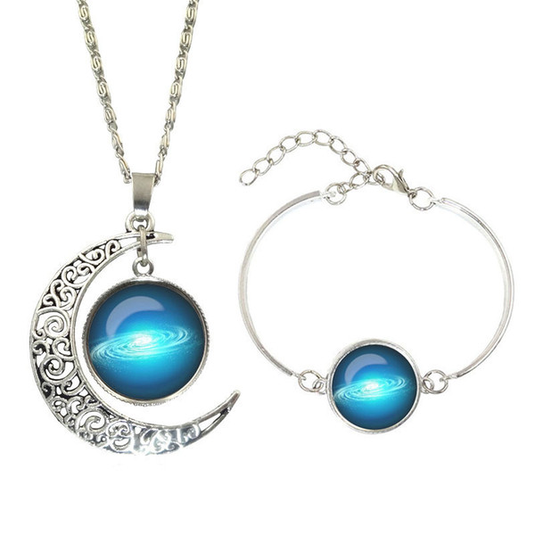 New 5set Crescent Moon Jewelry Sets Galaxy Planet Glass Cabochon Pendant Necklace Bracelet Fashion Silver Jewelry for Women Men Gift