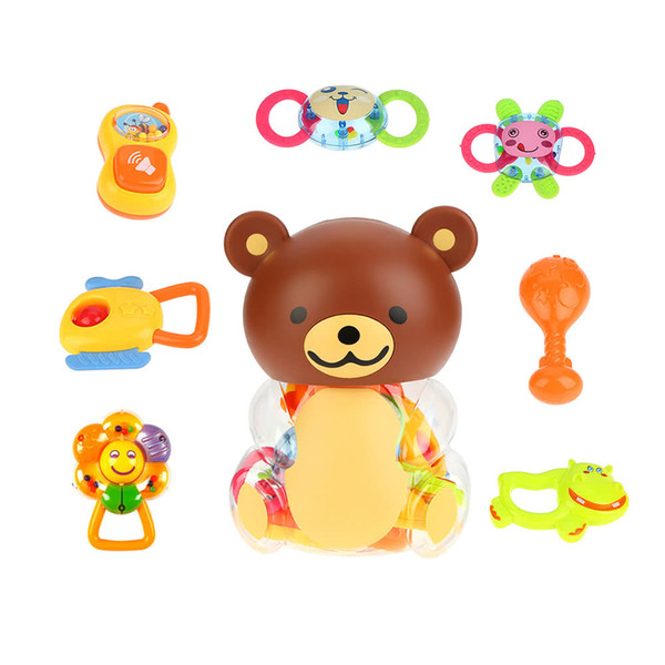 8 Pieces different colorful cute Baby Rattle and Teether Infant Teething Toys toys Play Set in a lovely bear bottle