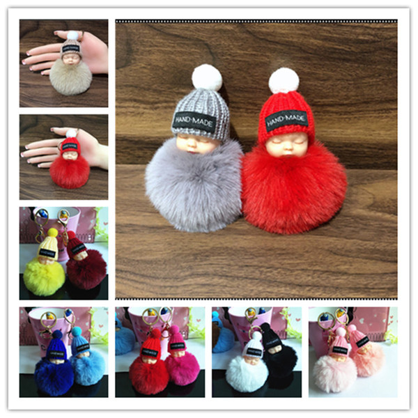 Cute Sleeping Baby Doll Keychain Pompom Rabbit Fur Ball toy Key Chain Car Keyring Key Holder Pendant for students schoolbag holiday gifts