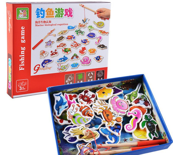 32 piece Baby Wooden magnetic fishing game puzzle toys kids infant funny Puzzles Toy children birthday Gift toy set with colorful box