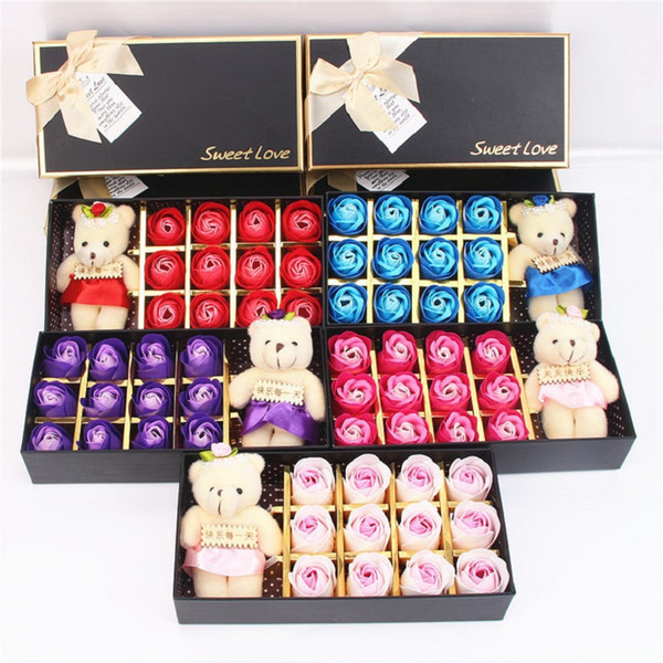 Romantic Rose Soap Flower With Little Cute Bear Doll 12pcs Box Gift For Valentine Day Gift for Wedding Gift or birthday Gifts