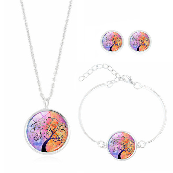 Hot Sale! 5Set Tree of Life Glass Cabochon Necklace Earring and Bracelet Jewelry Set for Women Wedding Gift