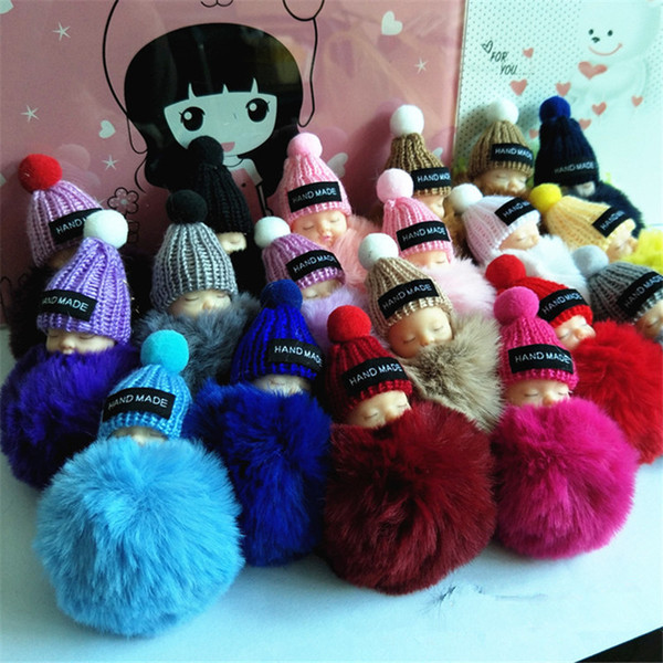 Cute Sleeping Baby Doll Keychain Pompom Rabbit Fur Ball toy Key Chain Car Keyring Key Holder Pendant for students schoolbag holiday gift new