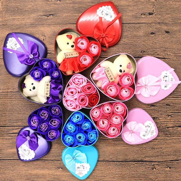 50sets Romantic Rose Soap Flower With Little Cute Bear Doll 3 Rose 1 Bear & Rose Heart Box Valentine Day Gifts Wedding Gift birthday