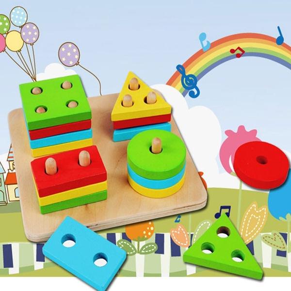 Educational Wooden Geometric Sorting Board Building Blocks Montessori Kids Baby Educational Toys