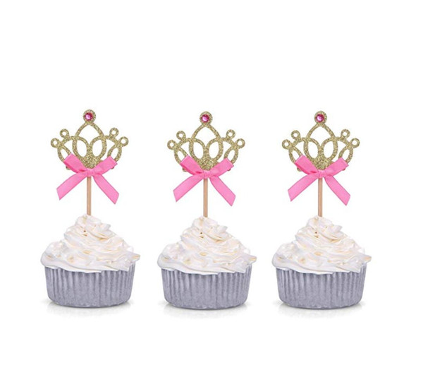 50pcs Golden Silver Glitter Princess Crown Tiara Cake Cupcake Toppers Picks for Wedding Birthday Baby Shower Kids' Party Decorations