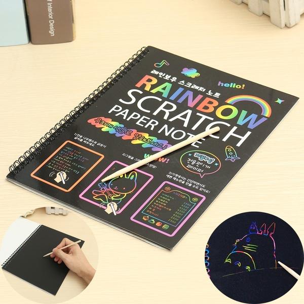Magic Rainbow Scratch Paper Note Painting Notebook Colorful DIY Dooding Drawing Kids Art Educational Toys with Stick