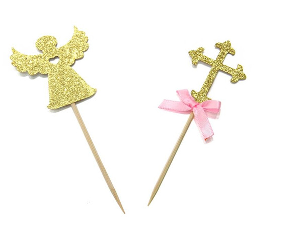 50PCS Cake Decoration Glitter Gold Paper Cross Angel Cupcake Toppers