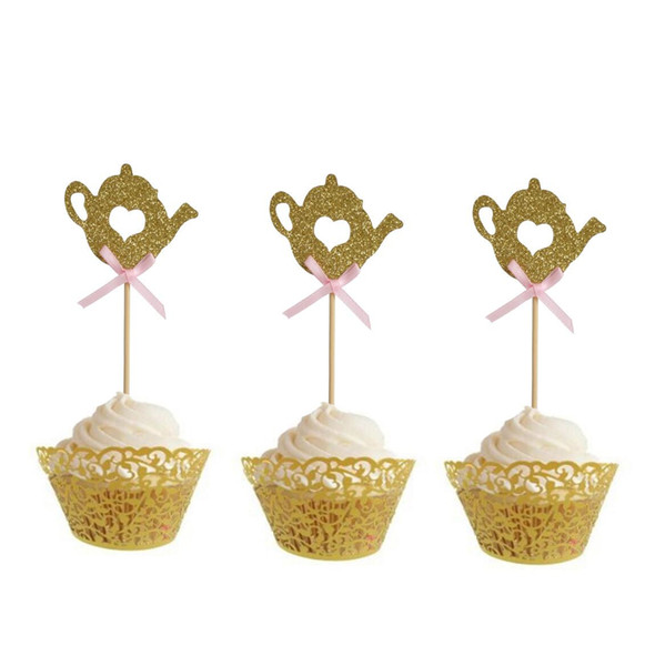 50pcs Golden Teapot Cake Toppers Baby Shower Cupcake Topper Cake Decorations Party Decorations Supplies