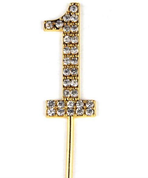 1st Baby Birthday/Wedding Anniversary Number 1 Cake Topper with Sparkling Rhinestone Crystals Glitter Gold Alloy/Metal Cake Decoration