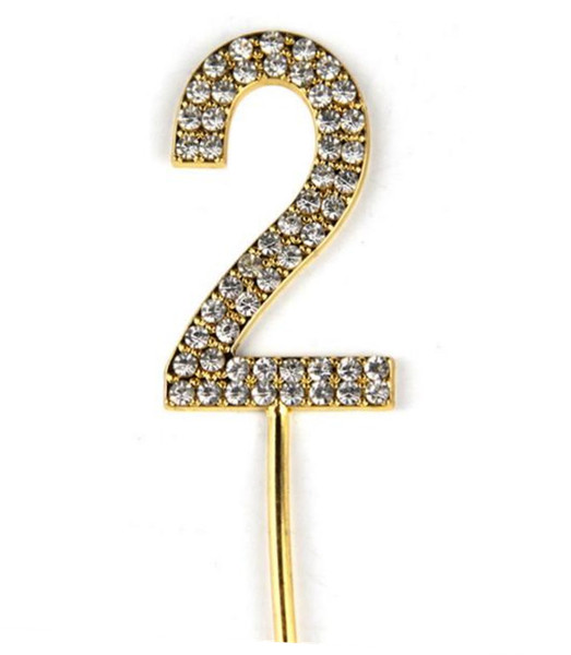 2st Baby Birthday/Wedding Anniversary Number 2 Cake Topper with Sparkling Rhinestone Crystals Glitter Gold Alloy/Metal Cake Decoration