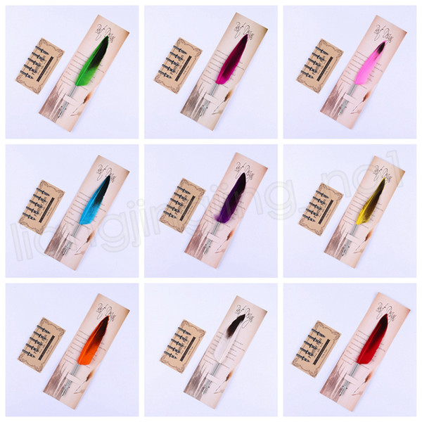 9colors Fashion Harry Potter Pen Movie Feather Dip Pen Dip Fountain Pen+5pcs Nib Carved Metal Vintage Gift Set with paper packing GGA974
