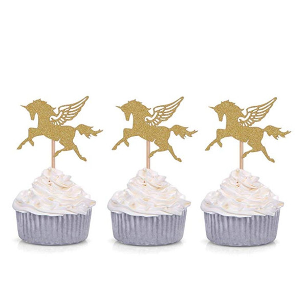50pcs Golden Silver Glitter Unicorn Horse Cupcake Toppers Party Picks