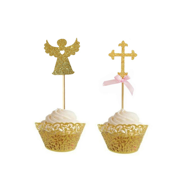 50pcs Angel wings Cross Gold Glitter Angel wings Bow Toppers Cake Decoration Birthday cupcake cake plug