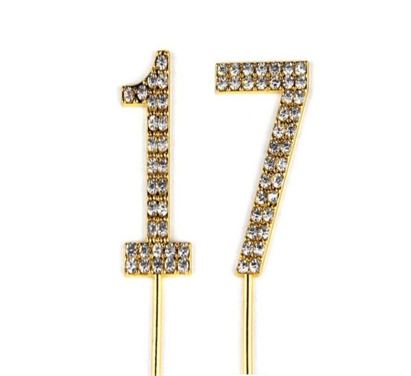 Number 17 Cake Topper 17th Baby Birthday/Wedding Anniversary Cupcake Topper Gold Alloy/Meta with Glitter Crystals Cake Decoratio1