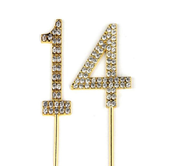 Number 14 Cake Topper 14h Baby Birthday/Wedding Anniversary Cupcake Topper Gold Alloy/Meta with Glitter Crystals Cake Decoratio1