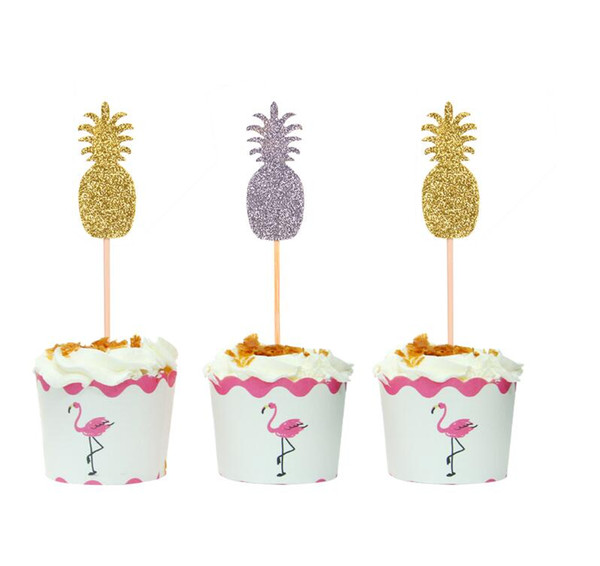 Glitter Gold Silver Pineapple Paper Cupcake Toppers for Party Cake Decoration Supplies