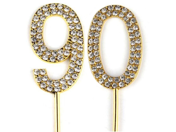 Number 90 Cake Topper 90th Baby Birthday/Wedding Anniversary Cupcake Topper Gold Alloy/Meta with Glitter Crystals Cake Decoration
