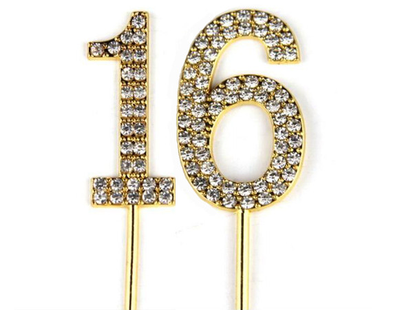 Number 16 Cake Topper 16th Baby Birthday/Wedding Anniversary Cupcake Topper Gold Alloy/Meta with Glitter Crystals Cake Decoratio1