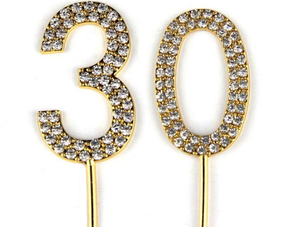 Number 30 Cake Topper 30th Baby Birthday/Wedding Anniversary Cupcake Topper Gold Alloy/Meta with Glitter Crystals Cake Decoration